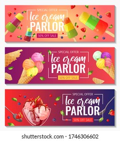 Set of banners with various ice cream. Ice cream parlor or shop, Sweet products, Dessert concept. Vector illustration for poster, banner, advertisement, commercial, menu. 