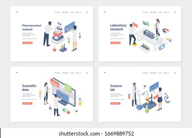 Set of banners with various laboratory researches. Set of vector banners for websites offering assorted modern lab researches and studies. Isometric vector illustration