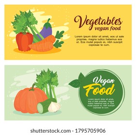 conjunto de pancartas con verduras, concepto de comida vegana, con verduras frescas diseño vectorial