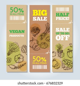 Set of banners with vegetables and greens, organic food. Perfect design for farm market advertising and bio product business. Modern business identity for bio products and agricultural industry.