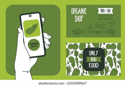Set of banners with vegetables and mobile application, can be used for vegan food shop, vector illustration