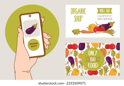 Set of banners with vegetables and mobile application, can be used for vegan food shop, vector illustration