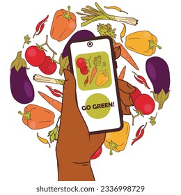 Set of banners with vegetables and mobile application, can be used for vegan food shop, vector illustration