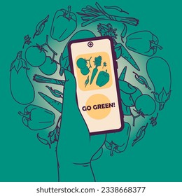 Conjunto de banners con verduras y aplicación móvil, se puede usar para la tienda de comida vegana, ilustración vectorial