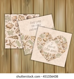 Set of banners with vintage Marine pattern and posters. Seashells, corals and starfishes. Hand drawn vector illustration in sketch style on wood background. Use for invitations and design.