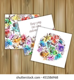 Set of banners with vintage Marine pattern and posters. Seashells, corals and starfishes. Imitation of watercolor spots.Hand drawn vector illustration in sketch style on wood background.
