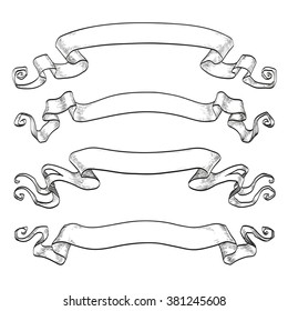 Set of banners. Vintage ribbons. Hand drawn vector illustration. Isolated on white background.