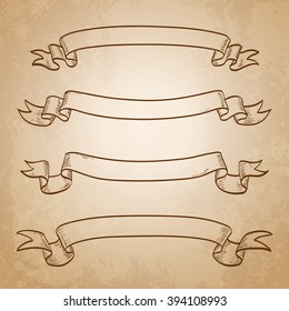 Set of banners. Vintage ribbons on old paper background. Hand drawn vector illustration.