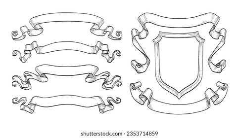 Set of banners. Vintage ribbons and shield. Hand drawn vector illustration in an ink sketch style isolated on white background.