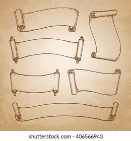 Set of banners. Vintage scrolls on old paper background. Hand drawn vector illustration