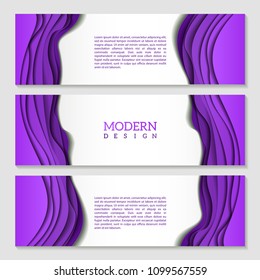 Set of banners with violet abstract wavy multilayered pattern. Paper art style.