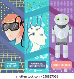 Set of banners virtual and augmented reality gadgets, people wearing head-mounted displays, brain is connected to the network. Artificial intelligence, reality virtual and robotechnics in flat design