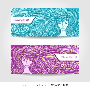 Set Banners or visit cards or discount cards with  Beautiful Girl with long curly hair in cyan lilac for barbershop or hair dye or for advertising beauty salon