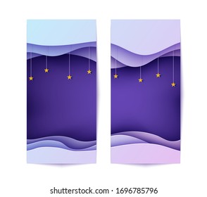 Set of banners with wave and night sky in paper cut style. Two 3d abstract flyers with gold stars on rope. Layered deep papercut background with wavy shape. Origami style vector card illustration.