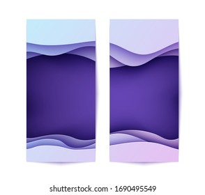 Set of banners with wave in paper cut style. Two 3d abstract flyers purple violet and blue gradient color. Layered deep papercut background with wavy shape. Origami style vector card illustration.