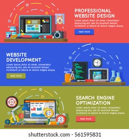 Set banners for web. Horizontal banners for advertising in a flat style. Website and apps development. Web design. Programming and coding. Search optimization, SEO, and promotion. Vector illustration