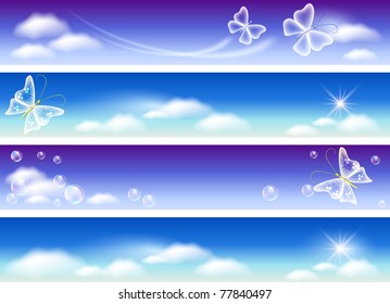 Set of banners for website with sky panorama, clouds, butterflies and bubbles