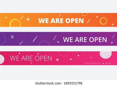 Set Of Banners Welcome we’re open text vector vintage Memphis background made for reopening phase after Covid-19 pandemic. Vector Illustration 