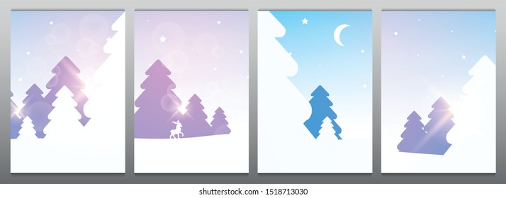 Set of banners of Winter Forest Woodland Landscape with Pine and sunshine