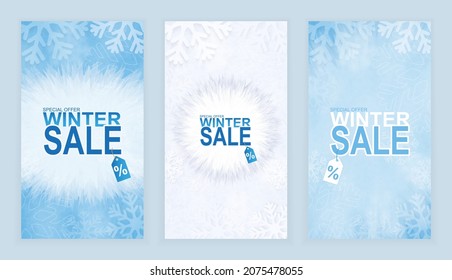 Set of banners for winter sale, banner with snowflakes and sale texts to promote discounts for the winter season. Winter illustration.