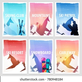 Set banners of Winter Sport. Ski and Snowboard. Mountain landscape. Snowboarder in motion. Vector illustration