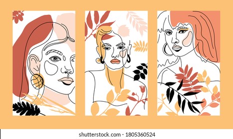 Set of banners with Womans Face Minimal Line Style ol-line drawing. Abstract Contemporary autumn color collage of geometric shapes in a modern trendy style. Vector female Portrait. Beauty Concept, 