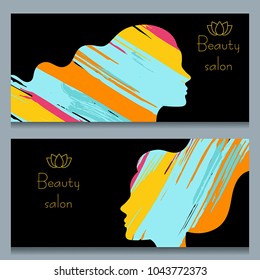 Set of banners with woman's face silhouette. Beauty, spa theme.