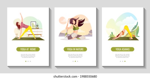 Set of banners with women doing yoga exercises. Yoga in nature, wellness, healthy lifestyle, sport, yoga at home, asanas, flexibility, fitness concept. Vector illustration for poster, banner, flyer.