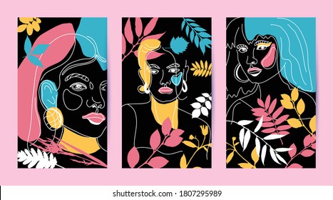 Set of banners with Women Face Minimal Line Style ol-line drawing. Abstract Contemporary autumn color collage of geometric shapes in a modern trendy style. Vector female Portrait. Beauty Concept, t