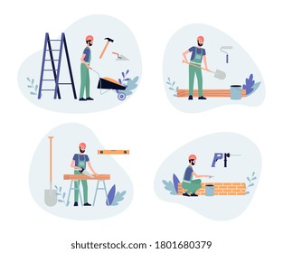 Set of banners with working builder or construction worker in job coverall, flat vector illustration isolated on white background. Handyman or workman character.