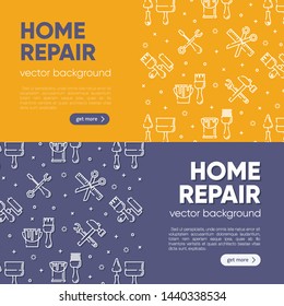 Set of banners with working tools for home repair, building, construction, renovation. Сoncept illustration set, for banner, landing page, mobile app. Vector template with outline icons.