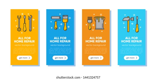 Set of banners with working tools for home repair, building, construction, renovation. Сoncept illustration set, for banner, landing page, mobile app. Vector template. Icons of industrial equipment
