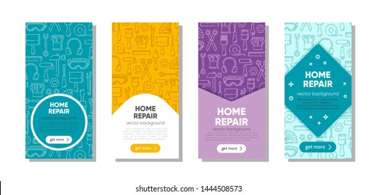 Set of banners with working tools pattern for home repair, building, construction, renovation. Сoncept illustration set, for banner, landing page, mobile app. Vector template with outline icons.