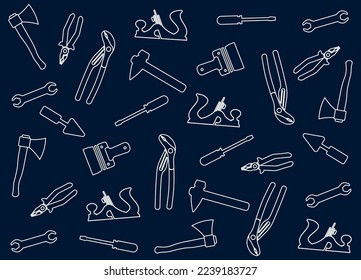 Set of banners with working tools pattern for home repair, handyman, building, construction, renovation. Сoncept illustration set, for banner, landing page, mobile app. Dark blue background. EPS10.