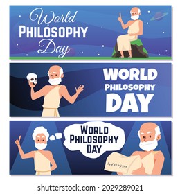 Set of banners for world philosophy day with antique greek philosophers or scientists. Male wisdom teachers thinking on meaning of life. Flat cartoon vector illustrations