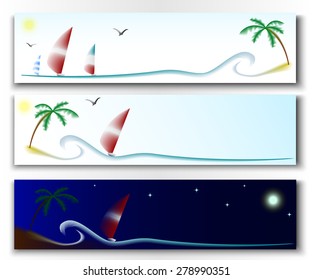 Set of banners with yachts flying near a tropical beach