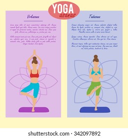 Set of banners with yoga illustration. Yoga set. Yoga asanas and their description. Girl does yoga exercises. Healthy lifestyle. Templates for spa center or yoga studios. Vector illustration