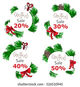 A set of banners for your design. Vector abstract illustration with fir branches, fir cones, gifts. Christmas sale.