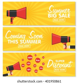 Set of banners for your website design. Announcement megaphone on vintage pop art background. Sales, discounts and other Components.