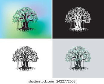 a set of banyan tree vector hand drawn