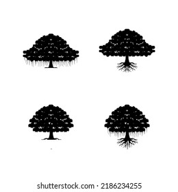 Set of banyan tree vector illustration, shady tree set, isolated on white.