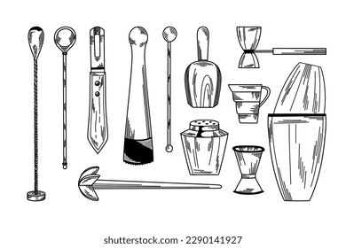 A set of bar accessories, bartender tools with Jigger, barspoon, shaker, spatula and chanel knife