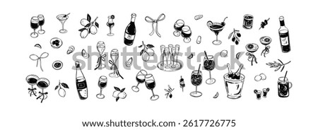 Set of bar alcohol beverage and drinks menu design elements in girly coquette style. Wedding, birthday, bachelorette party, Christmas celebration doodle drawing. Cocktail, champagne, wine glass sketch