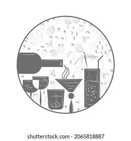 Set for the bar of alcoholic and fruit cocktails in the form of a round sticker. Vector illustration in sketch style.