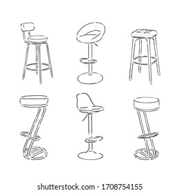 A set of bar chairs isolated on white background.Vector illustration in a sketch style. high bar stool vector sketch illustration