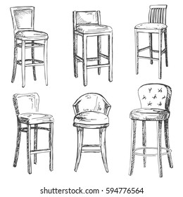 A set of bar chairs isolated on white background.Vector illustration in a sketch style.