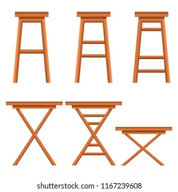 Set of bar chairs. Wooden ocher collection. Retro bar or cafe stools. Flat vector illustration isolated on white background.