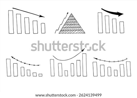 Set of bar charts with ascending or descending columns and dynamic arrows indicating growth or decline line art black ink sketch. Minimalist vector illustration for finance, business analytics