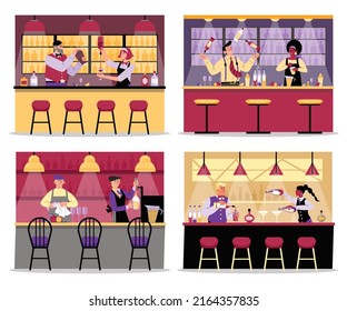 Set of bar counters with men and women characters making cocktails flat style, vector illustration isolated on white background. Bartender service, bottle juggling, shaking drinks