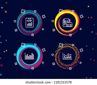 Set of Bar diagram, Report document and Vacancy icons. Investment sign. Statistics infochart, Page with charts, Hiring job. Economic statistics report. Circle banners with line icons. Vector